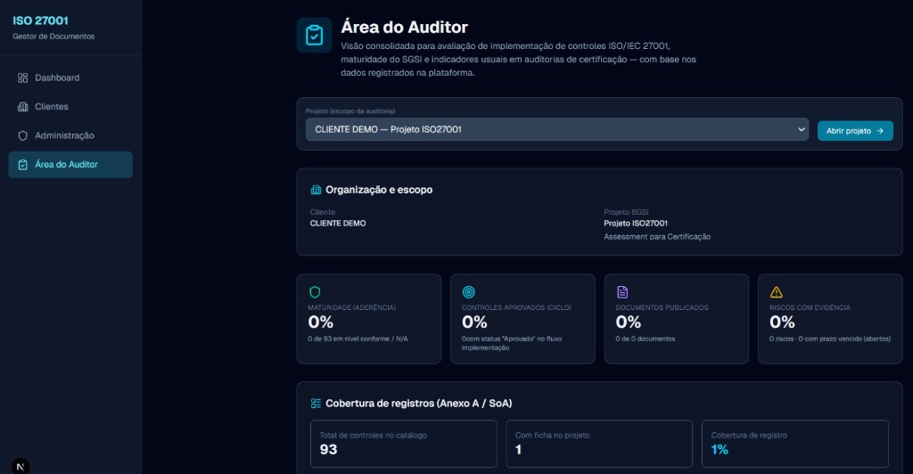 Área do auditor com KPIs e cobertura de registros